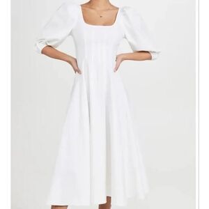 Staud Women's White Puff Sleeve Swells Linen Blend Midi Dress Size 12 NWT